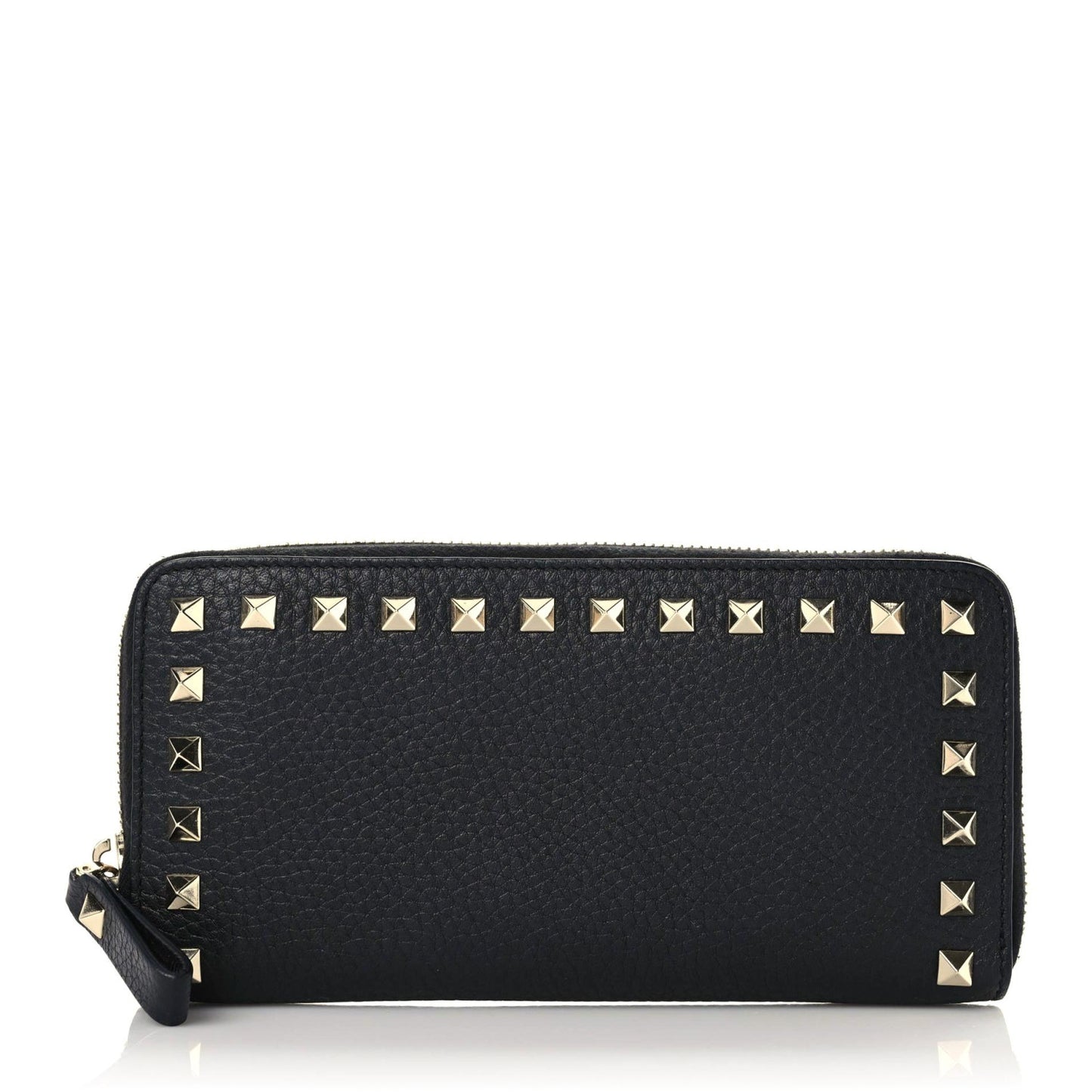 Pebbled Calfskin Rockstud Zip Around Wallet Black