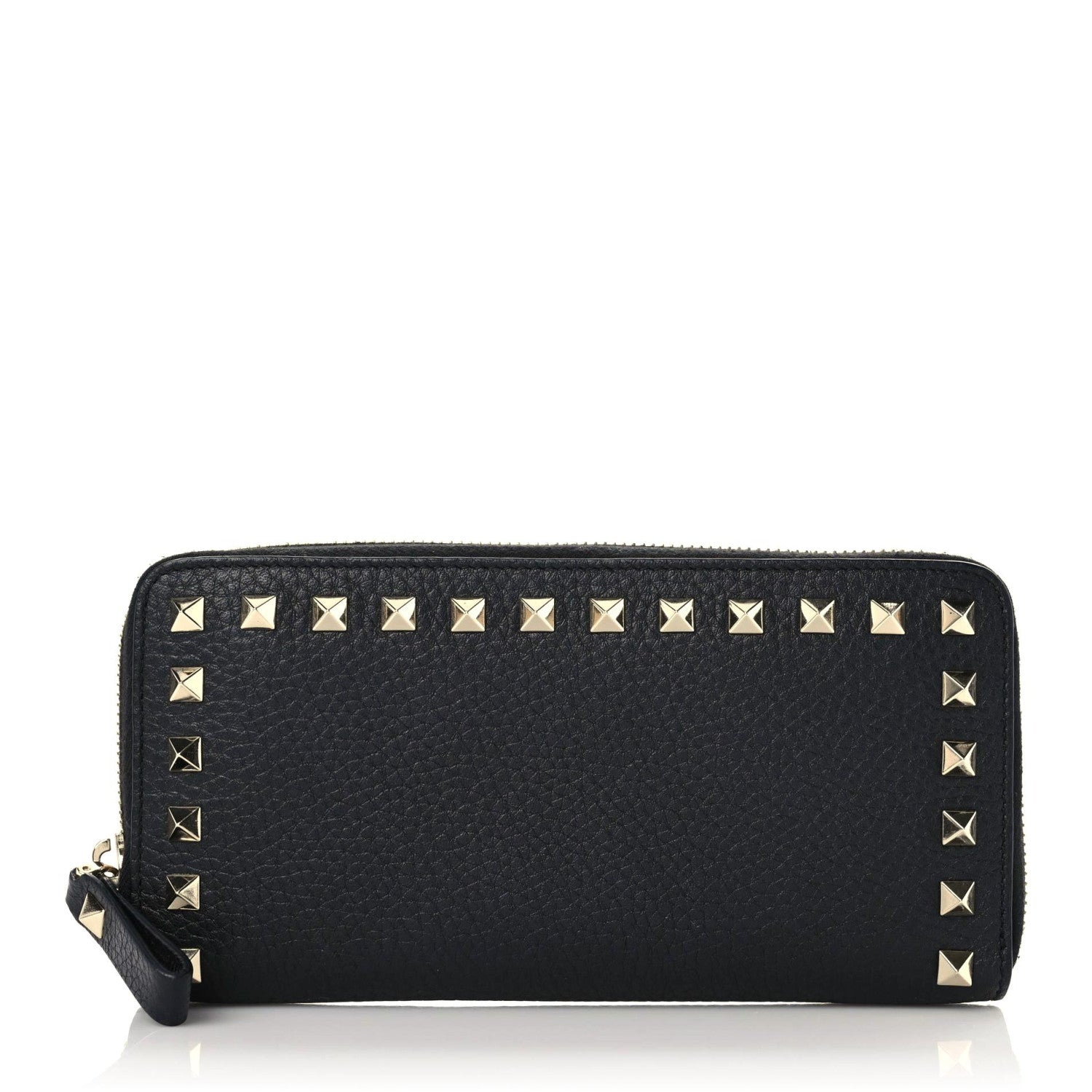 Valentino Garavani Pebbled Calfskin Rockstud Zip Around Wallet Black 1 of 10