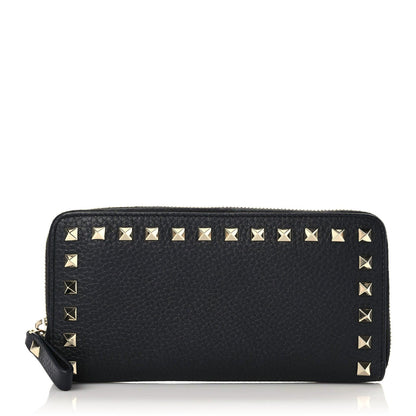 Valentino Garavani Pebbled Calfskin Rockstud Zip Around Wallet Black 1 of 10