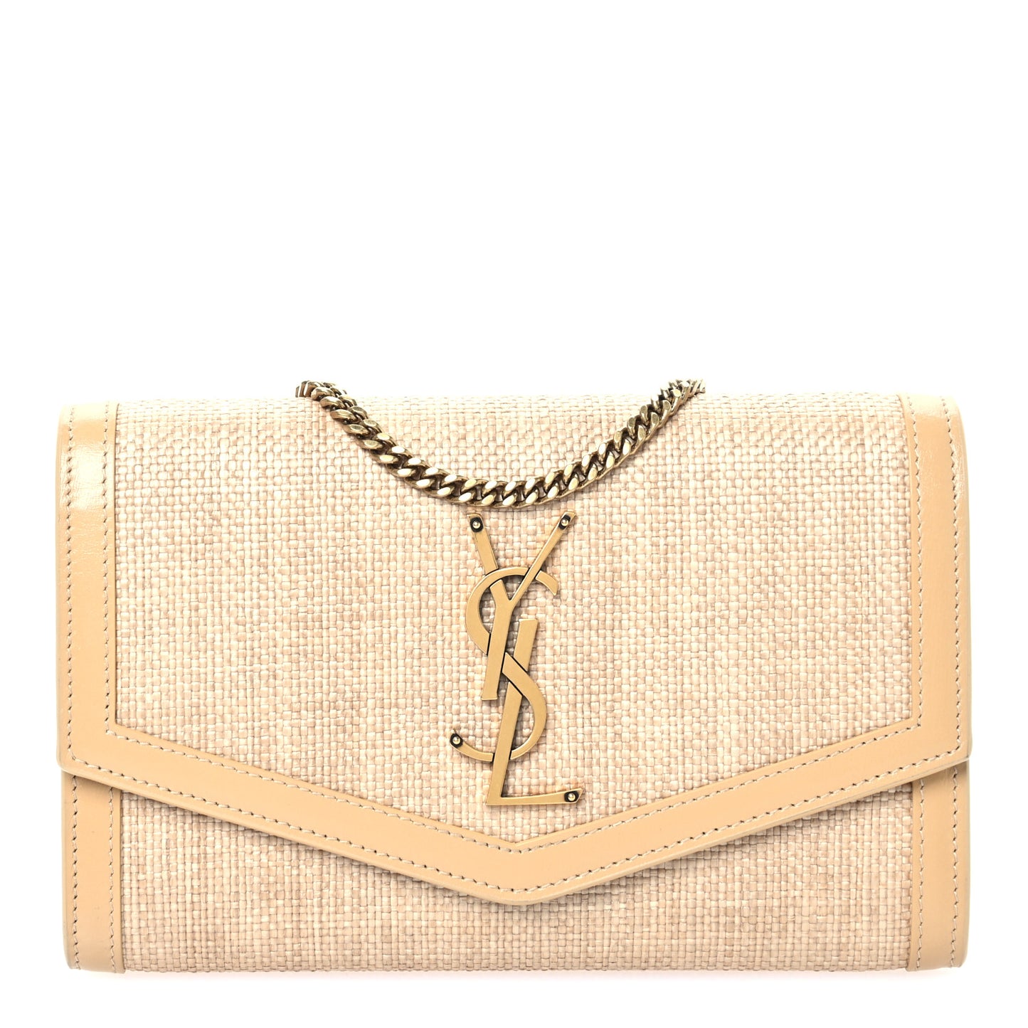 Micro Raffia Monogram Uptown Chain Wallet Natural Hay Blush