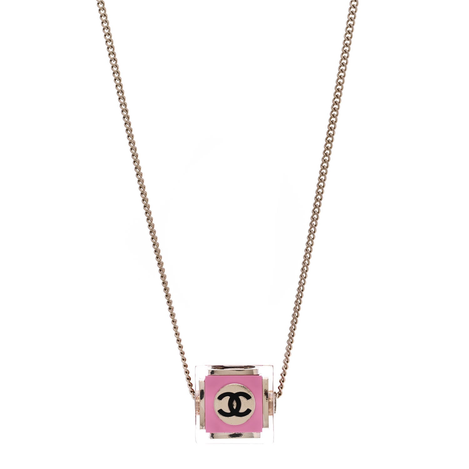 Chanel Resin Crystal CC Cube Necklace Gold Pink 1 of 7