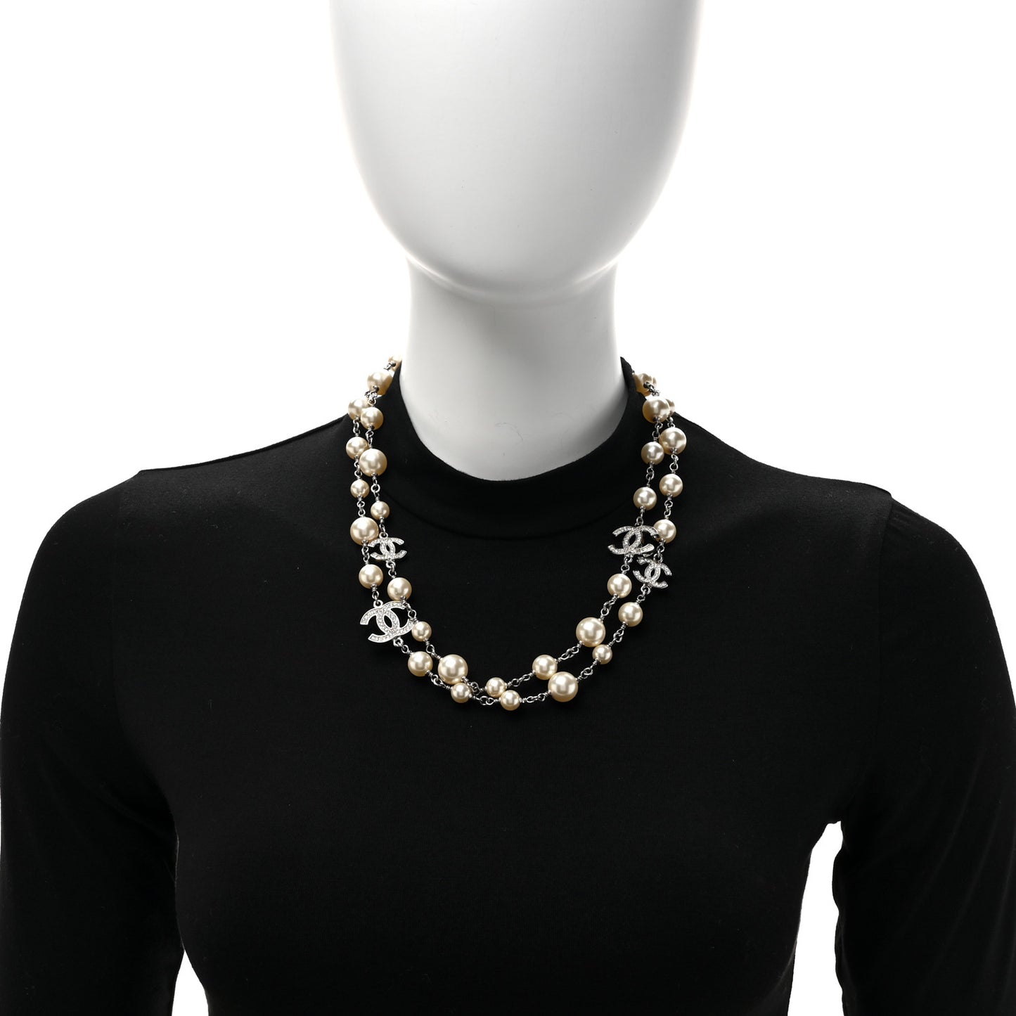 Graduated Pearl Crystal CC Long Necklace Silver