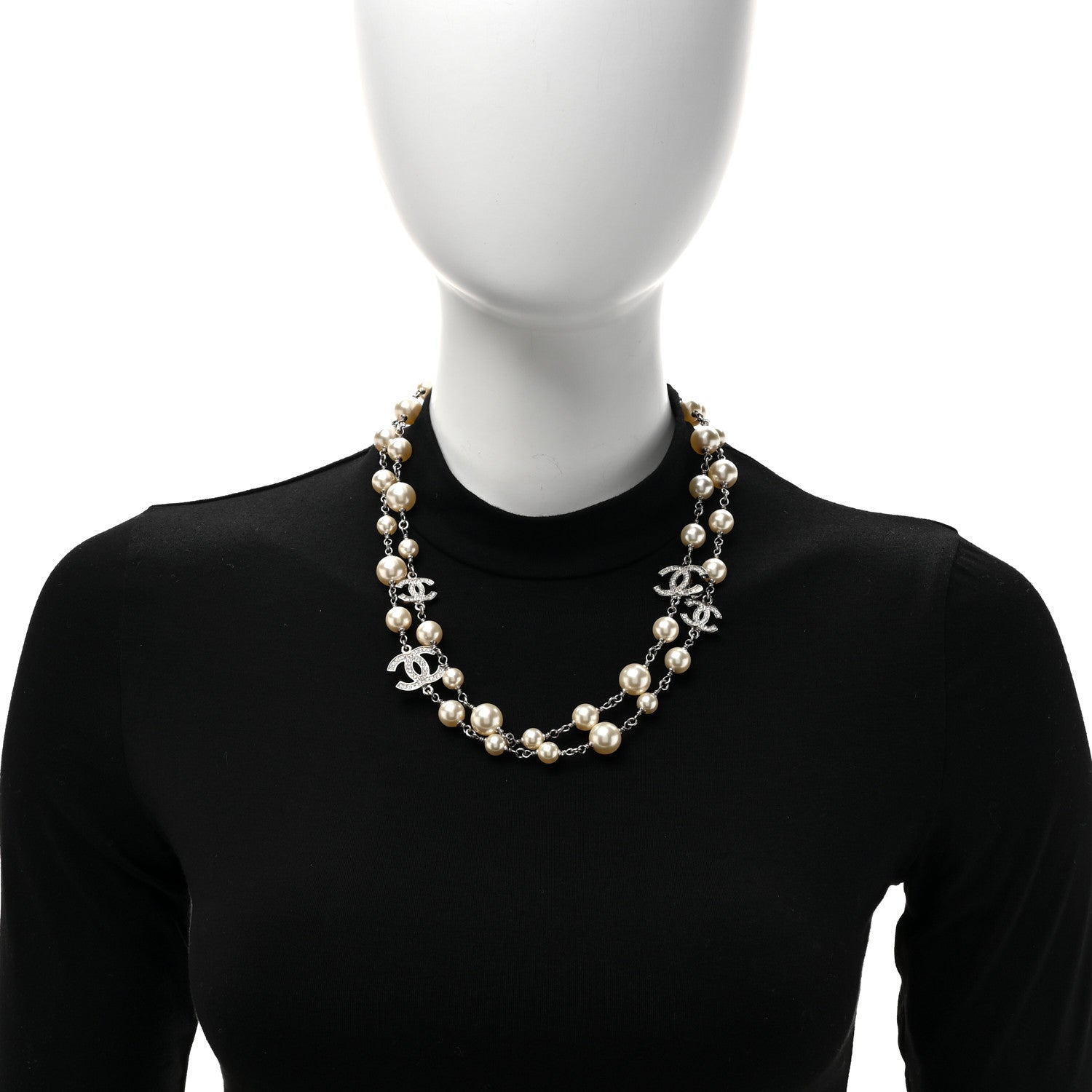 Chanel Graduated Pearl Crystal CC Long Necklace Silver 2 of 4