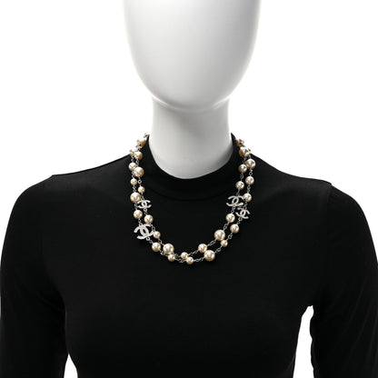 Chanel Graduated Pearl Crystal CC Long Necklace Silver 2 of 4
