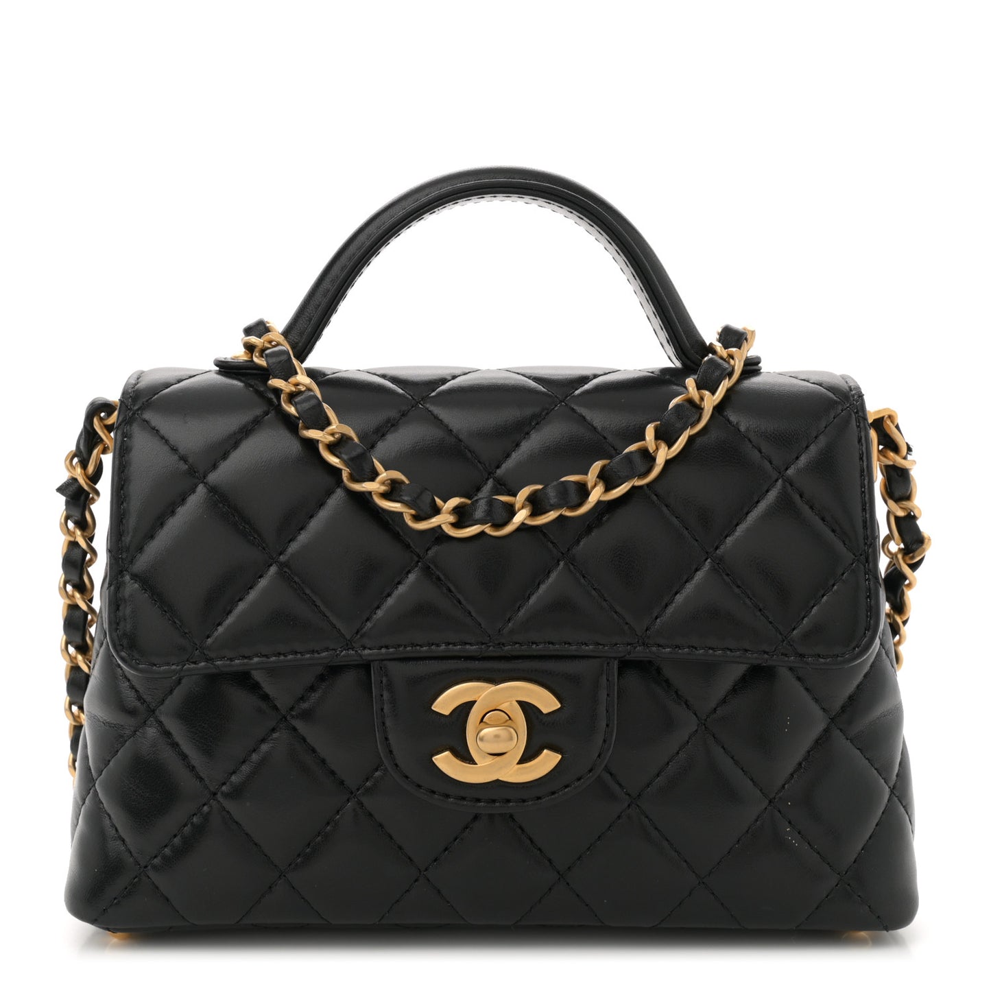 Lambskin Quilted Small Flap Top Handle Bag Black