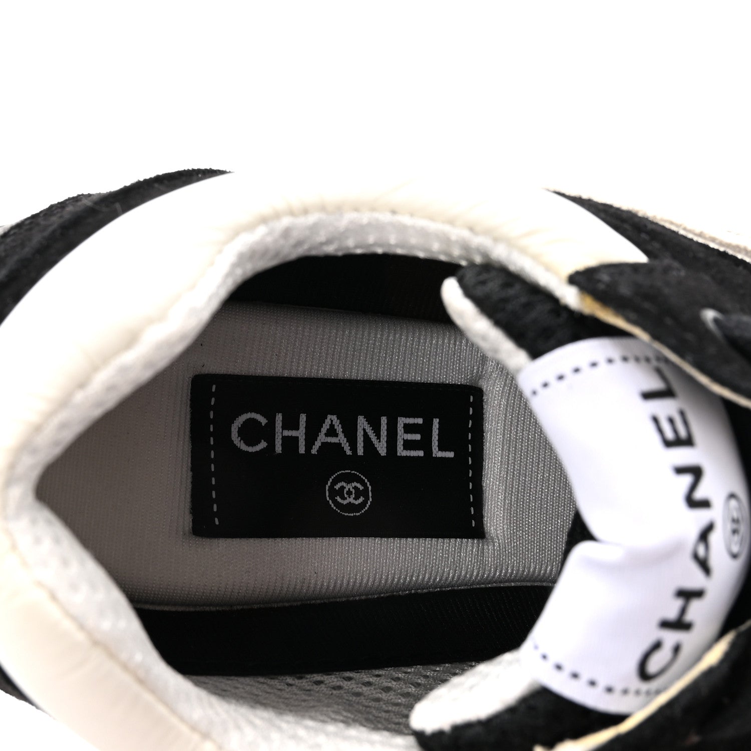 Chanel Mesh Suede Grained Calfskin Womens CC Sneakers 37.5 Black White 8 of 10