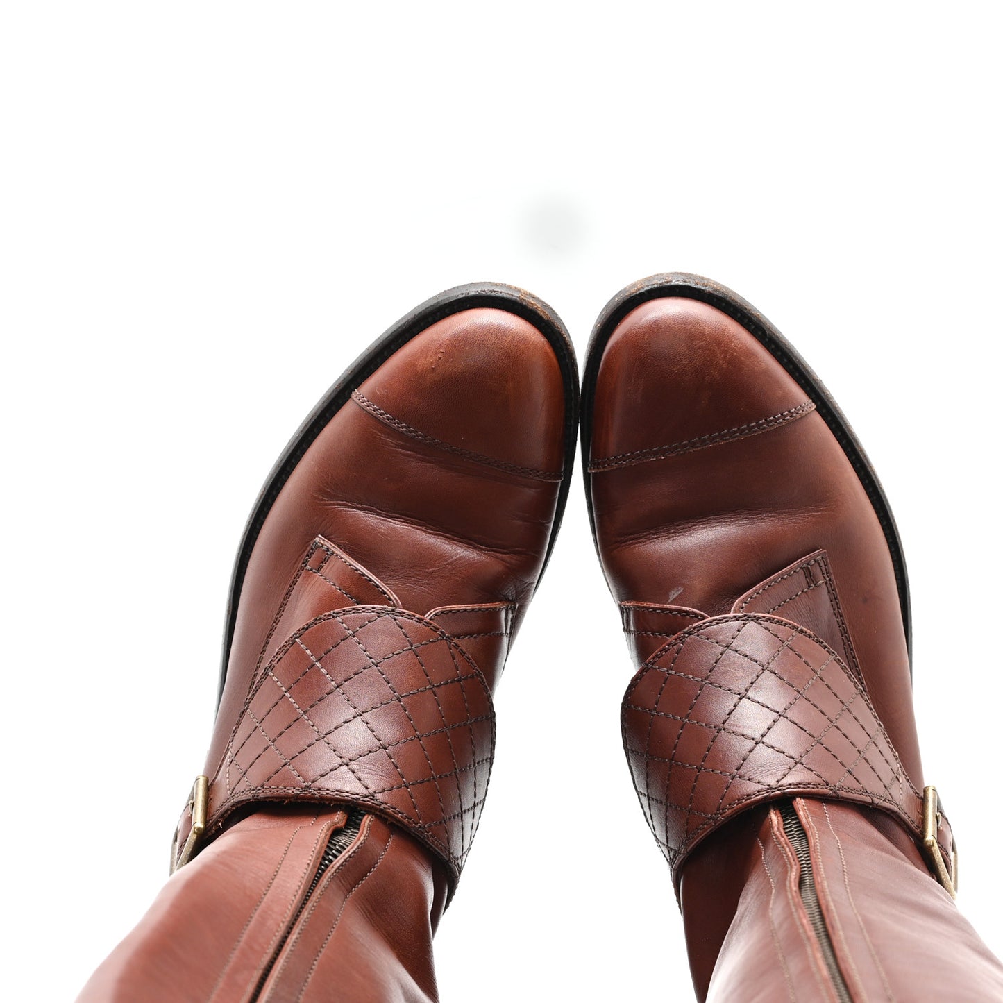 Calfskin Stitched CC Knee High Buckle Riding Boots 37.5 Brown