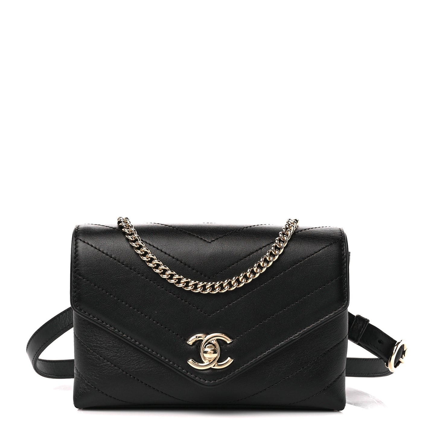 Calfskin Chevron Stitched Coco Waist Bag Black
