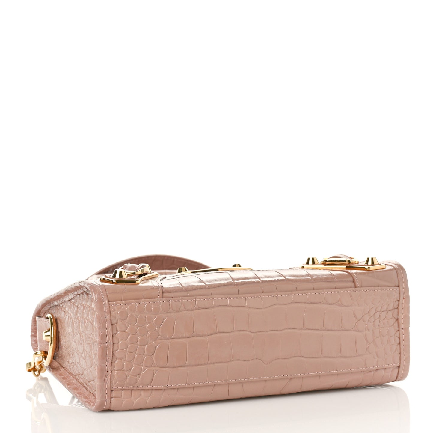 Shiny Supple Calfskin Crocodile Embossed Gold Metallic Edge Hardware Mini City Nude Beige