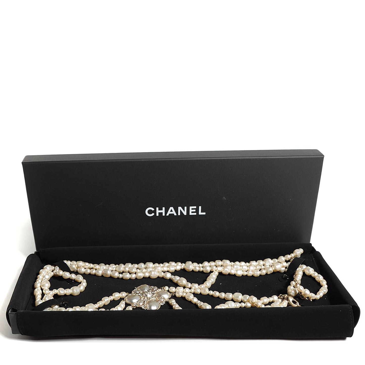 Pearl Crystal Triple Strand CC Necklace Gold