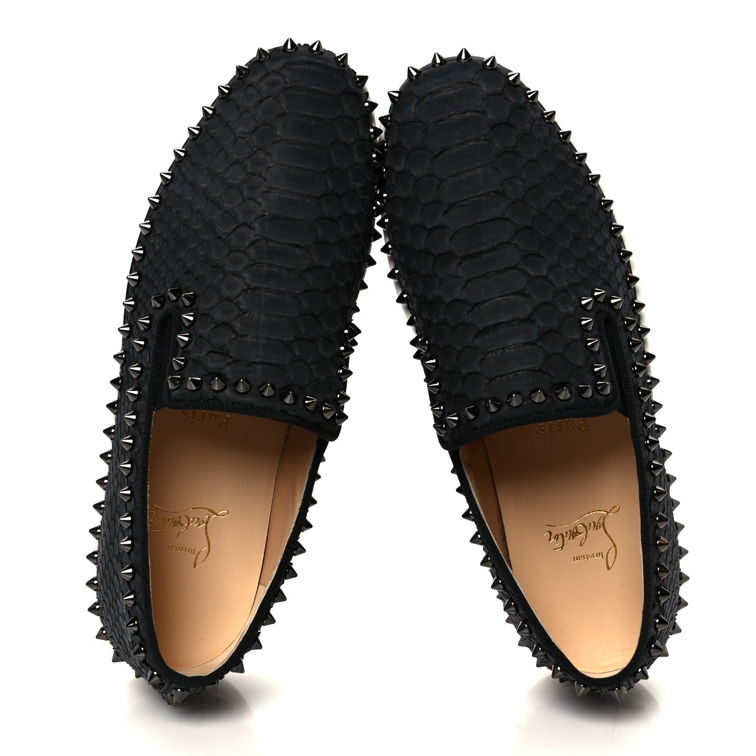 Christian Louboutin Nubuck Snakeskin Spikes Pik Boat Flats 39.5 Black 2 of 11