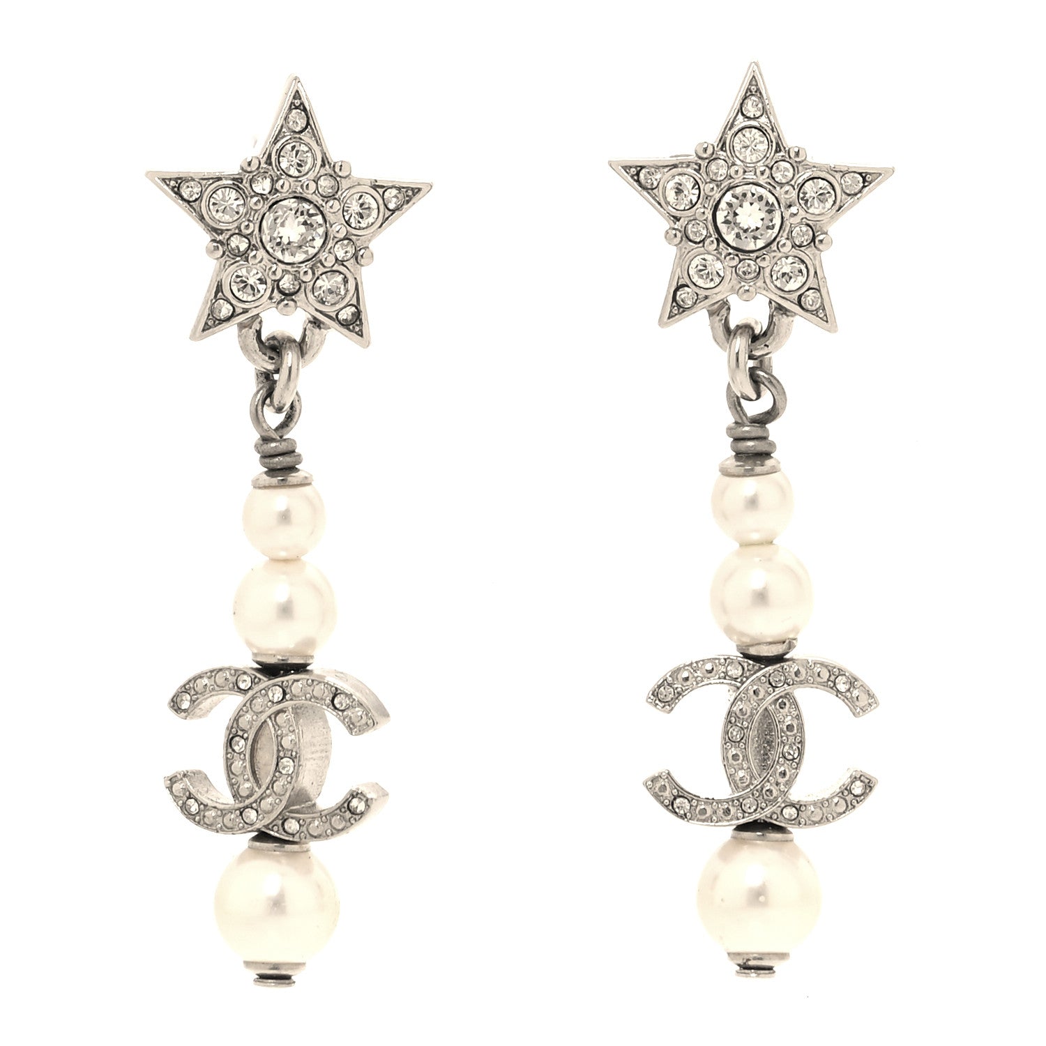 Chanel Crystal Pearl CC Star Drop Earrings Silver 1 of 4