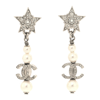 Chanel Crystal Pearl CC Star Drop Earrings Silver 1 of 4