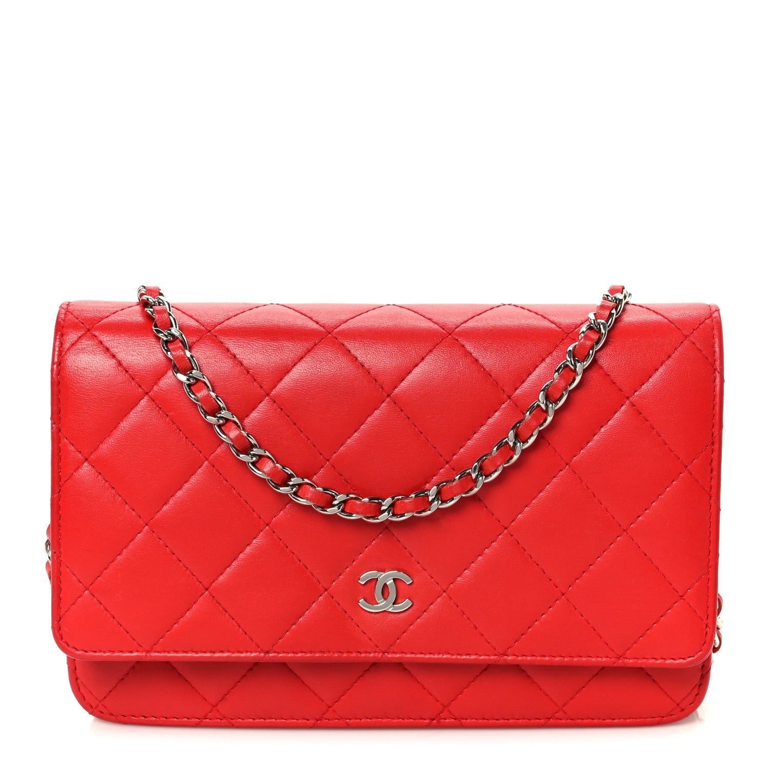 Chanel Lambskin Quilted Wallet On Chain WOC Red 1 of 12