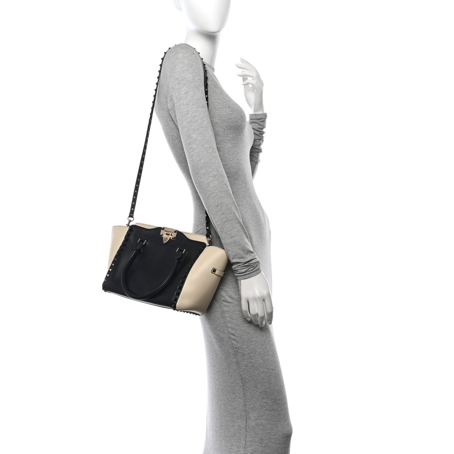 Vitello Bi-Color Small Rockstud Double Handle Tote Ivory Black