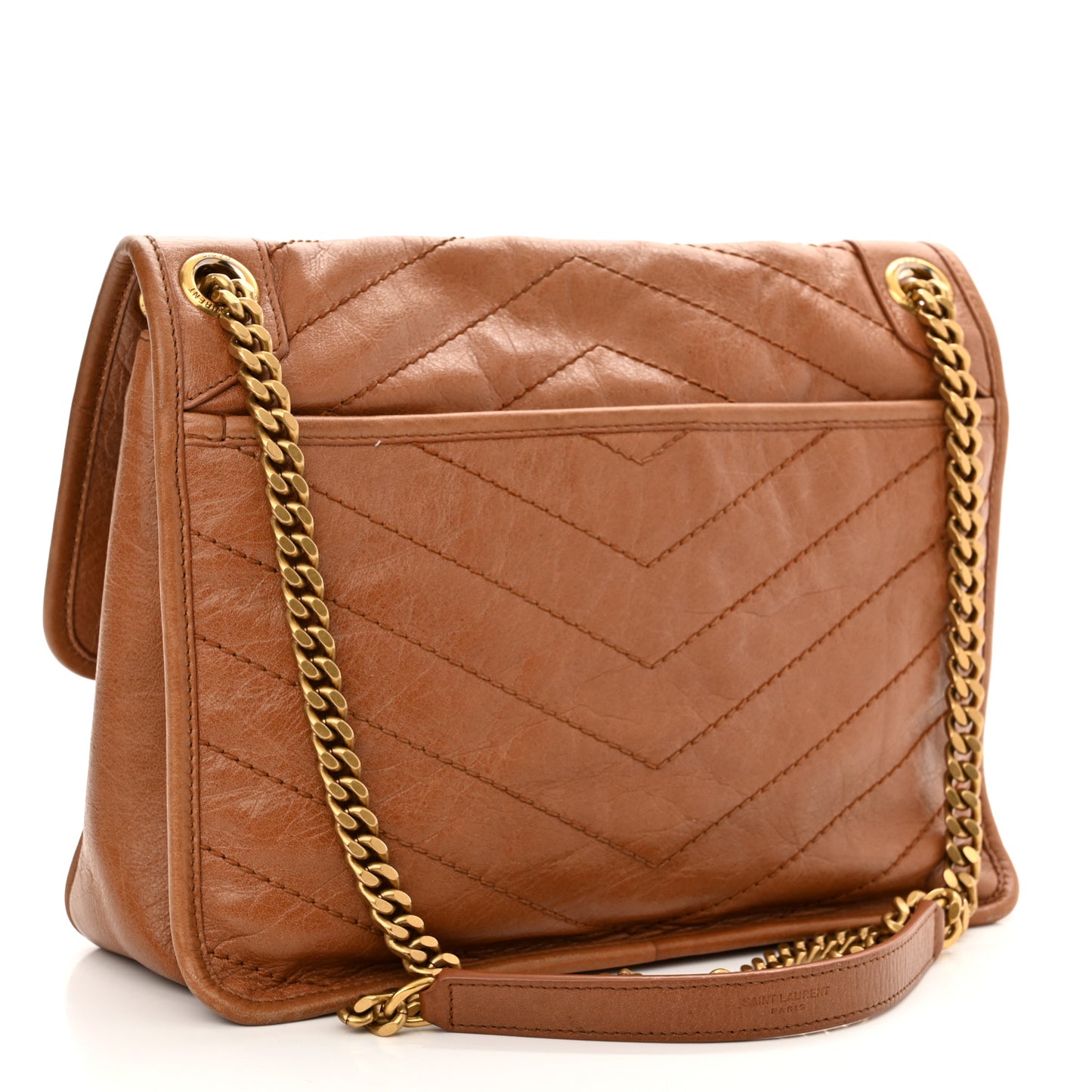 Crinkled Calfskin Matelasse Monogram Medium Niki Chain Satchel Caramel