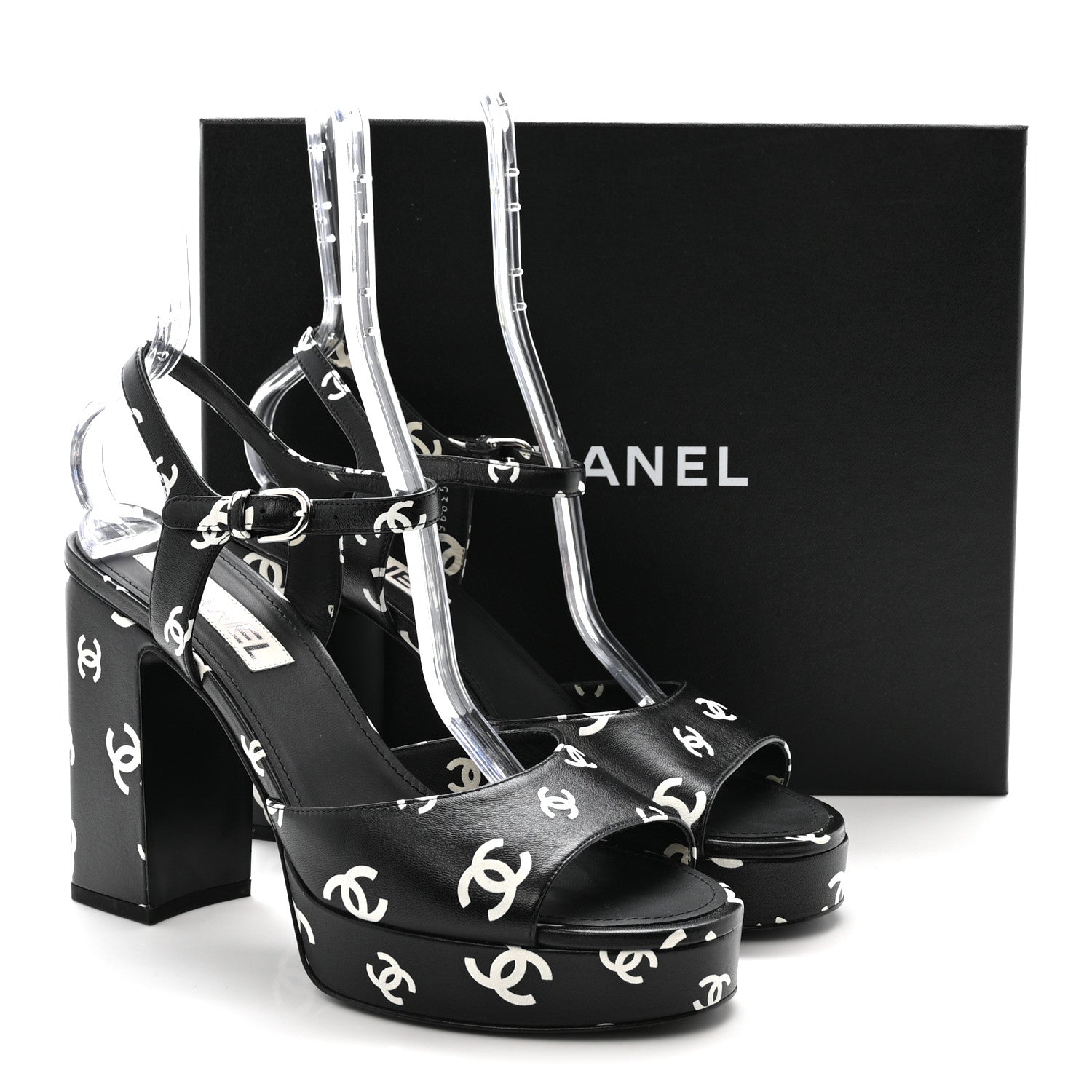 Chanel Printed Lambskin CC Platform Sandals 41 Black White 1887652