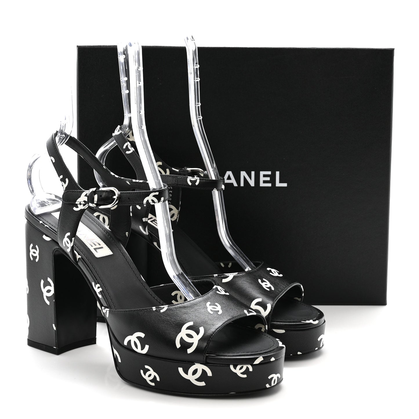 Printed Lambskin CC Platform Sandals 41 Black White