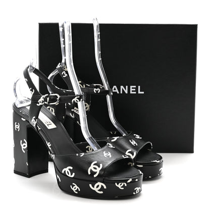Chanel Printed Lambskin CC Platform Sandals 41 Black White 10 of 10