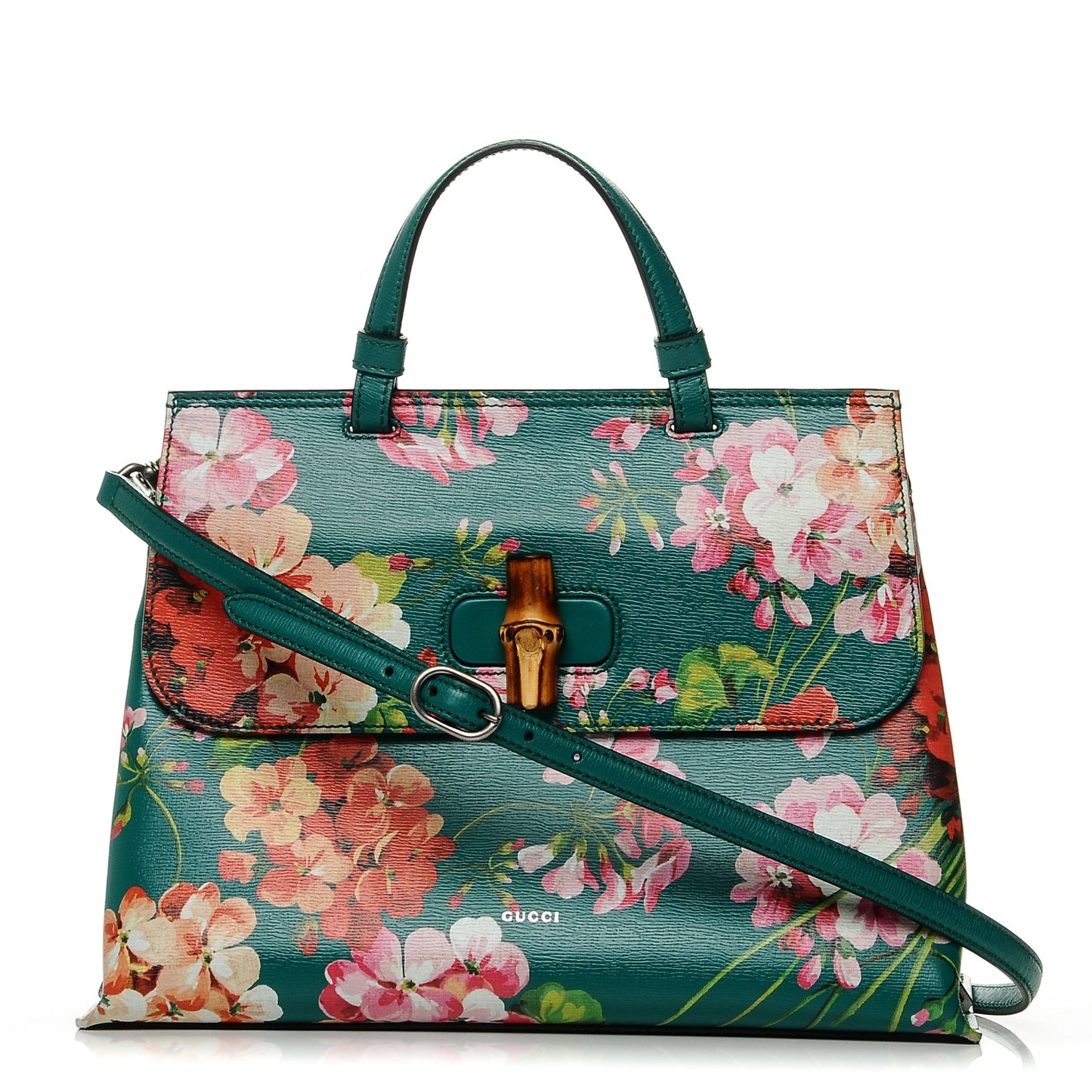 Shangai Calfskin Blooms Print Medium Bamboo Daily Top Handle Bag Clear Bright Emerald Multicolor