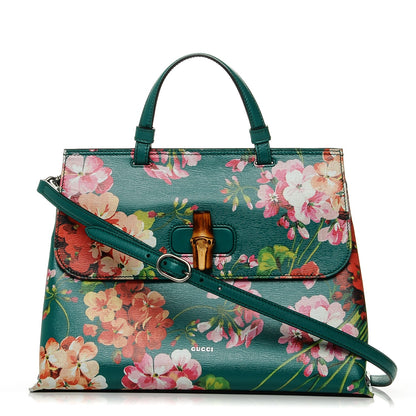 Gucci Shangai Calfskin Blooms Print Medium Bamboo Daily Top Handle Bag Clear Bright Emerald Multicolor 1 of 7