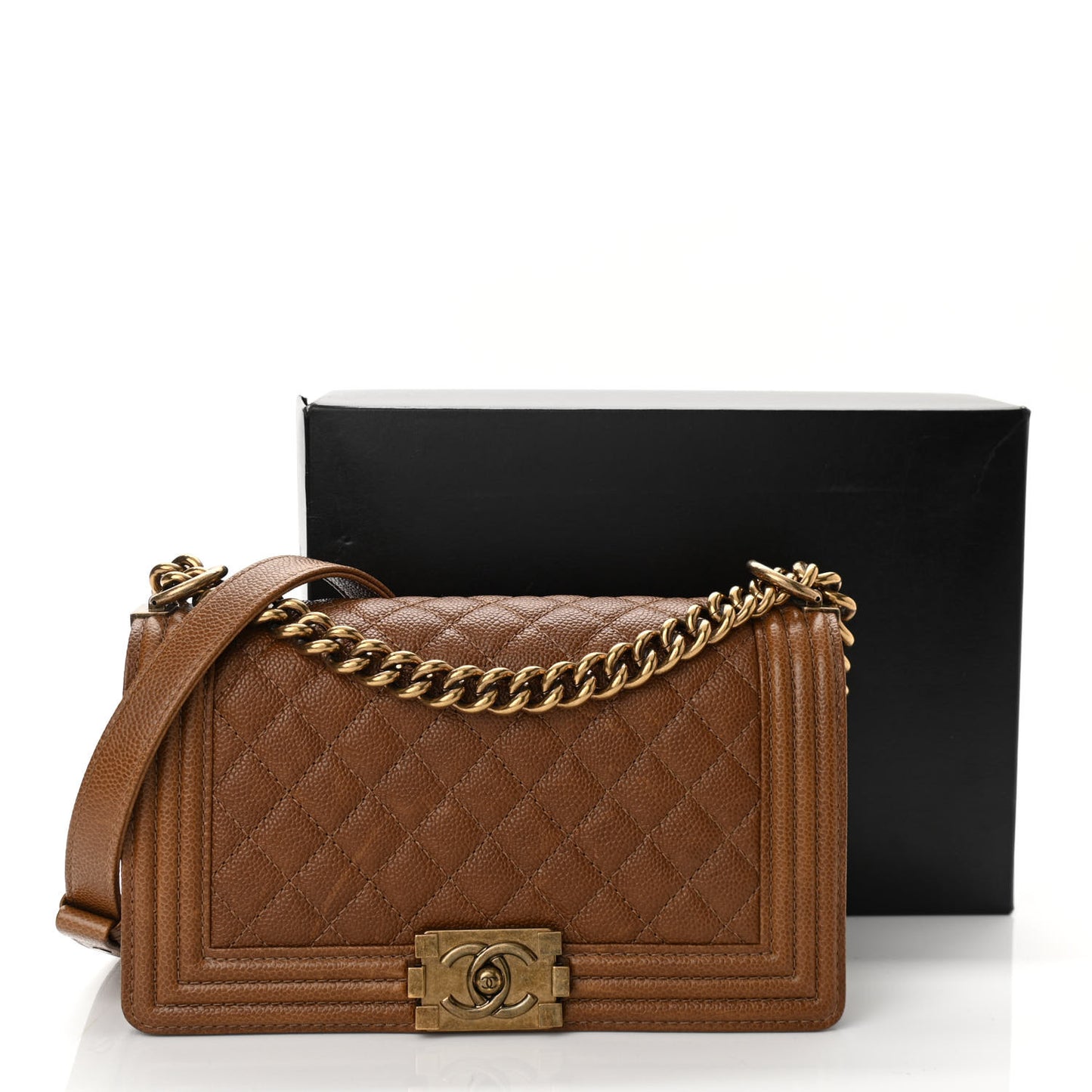 Caviar Quilted Medium Boy Flap Light Brown