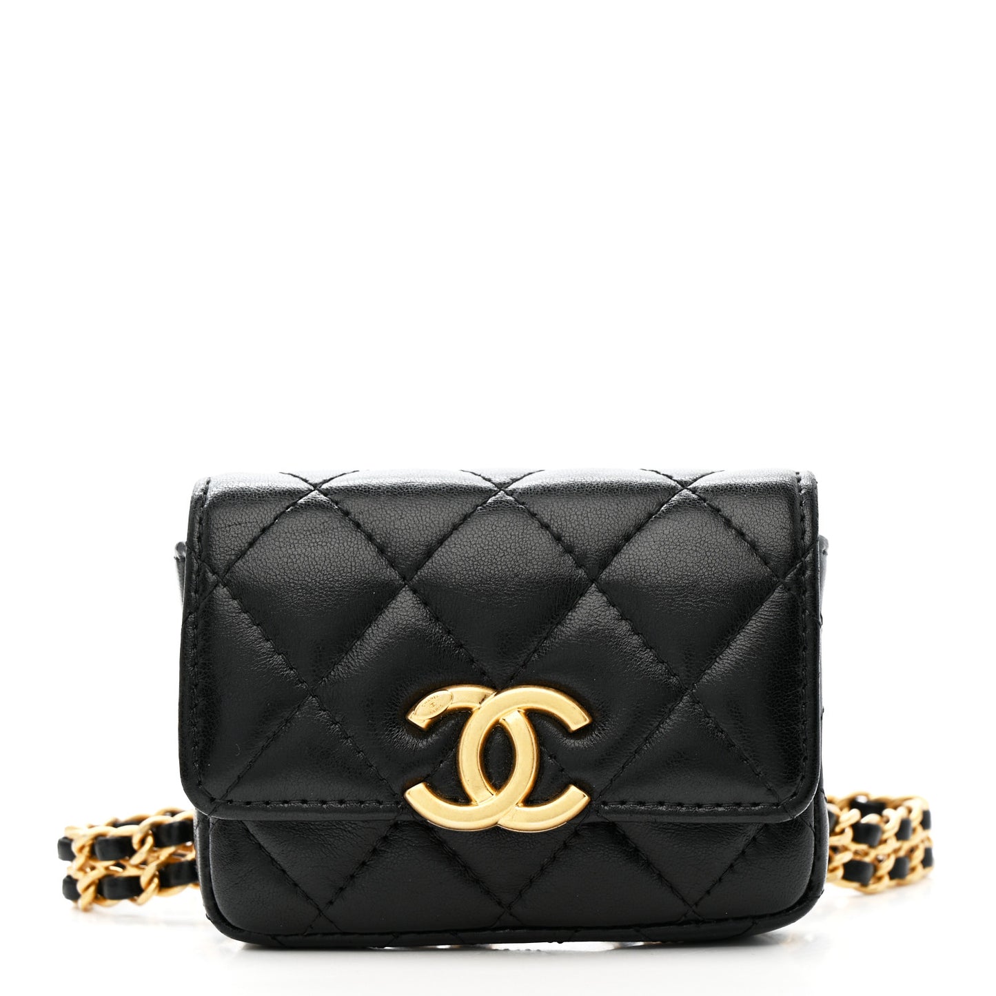 Lambskin Quilted Flap Chain Belt Bag Black