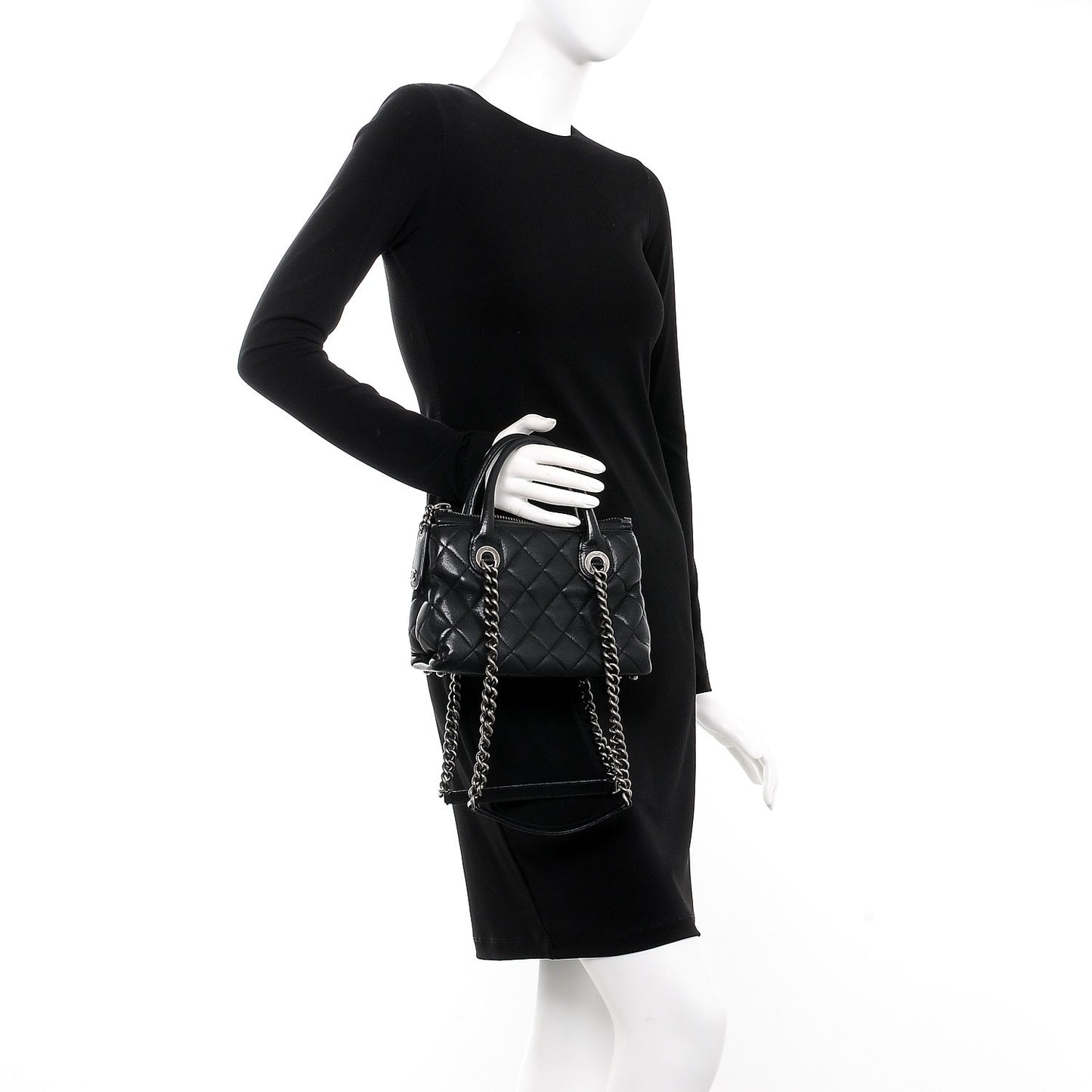 Shiny Sheepskin Quilted Small Shopping Tote Black