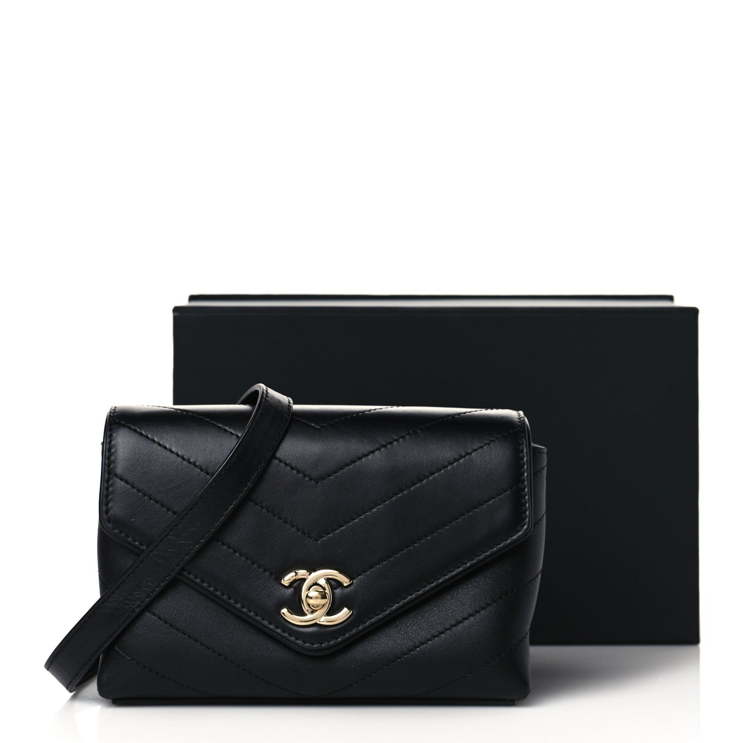 Calfskin Chevron Stitched Waist Belt Bag Black