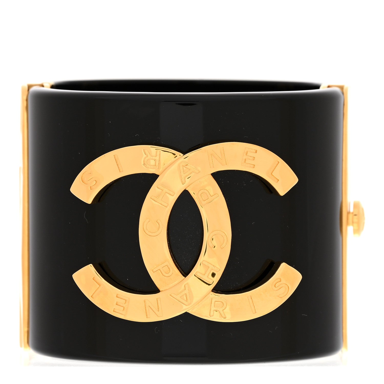 Chanel Resin CC Paris Button Cuff Bracelet Black Gold 1 of 5
