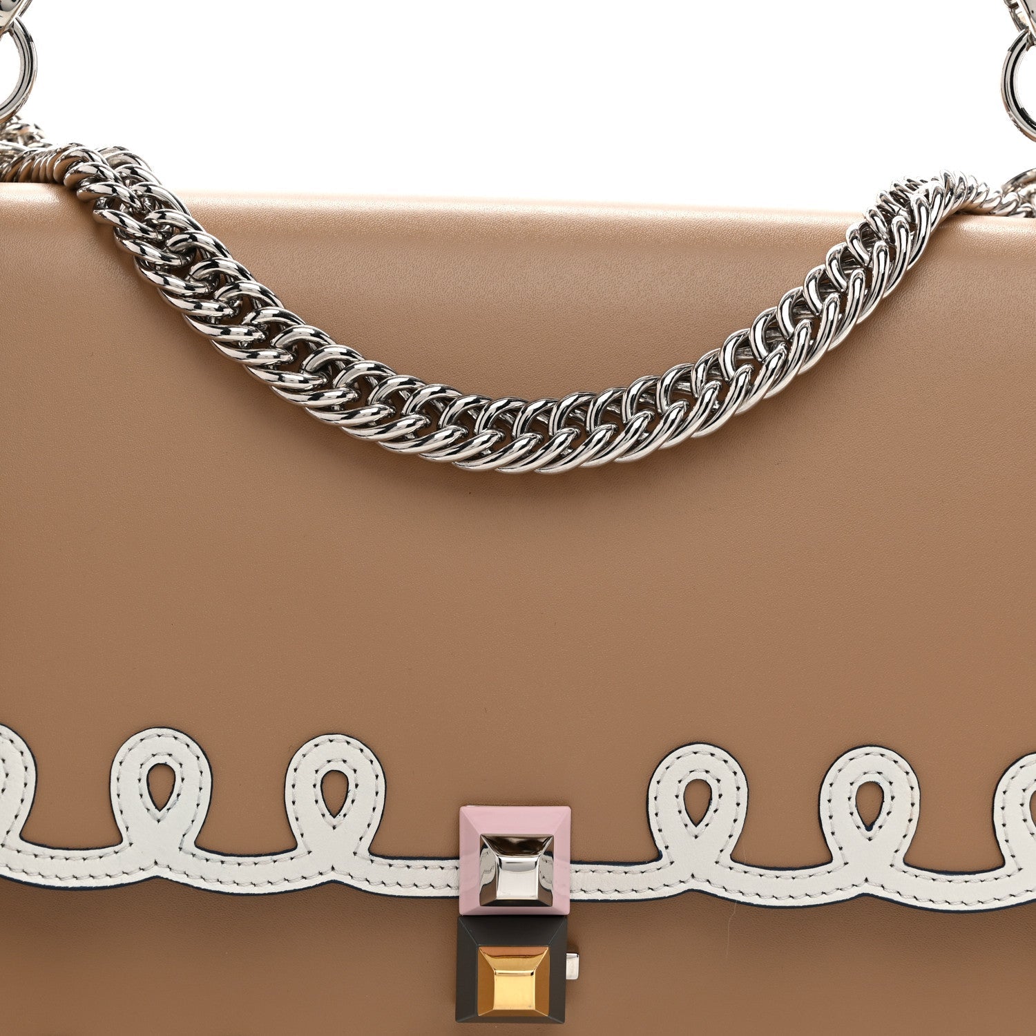 Fendi Vitello Liberty Dolce Scalloped Studded Scrollwork Kan I Shoulder Bag Cuoio White 8 of 10