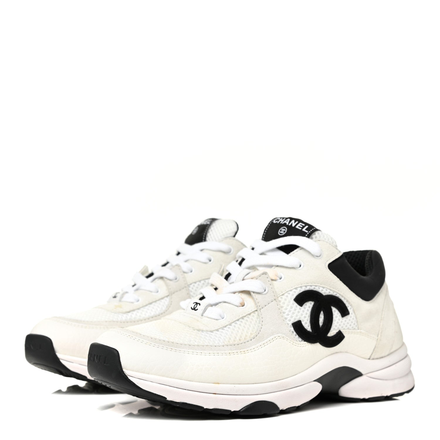 Chanel Mesh Suede Calfskin Grained Calfskin Womens CC Sneakers 39 White Black 3 of 17
