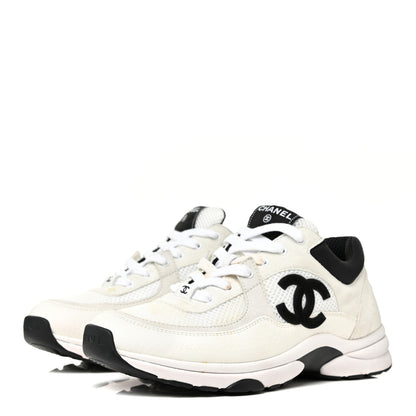 Chanel Mesh Suede Calfskin Grained Calfskin Womens CC Sneakers 39 White Black 3 of 17