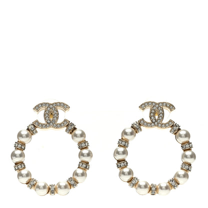 Chanel Crystal Pearl CC Hoop Earrings Gold Pearly White 1 of 5