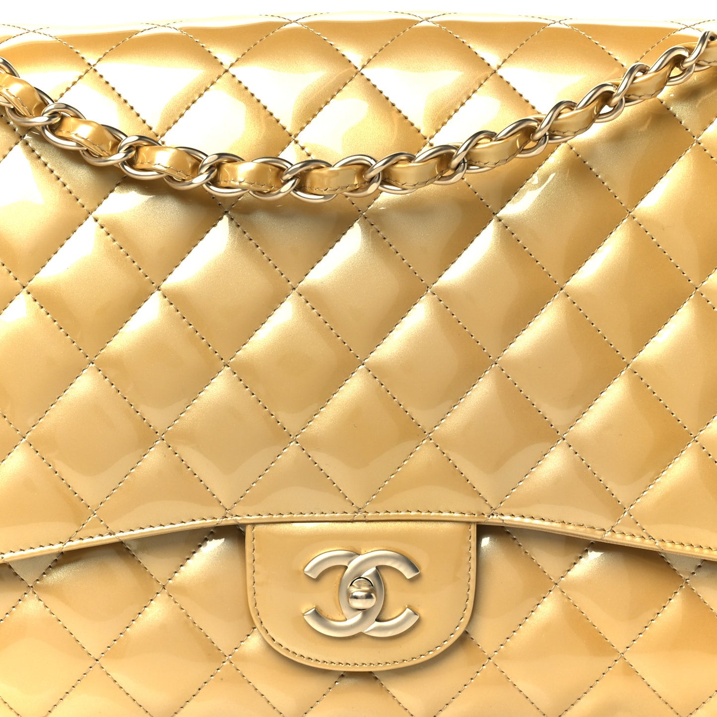 Metallic Patent Quilted Maxi Single Flap Beige