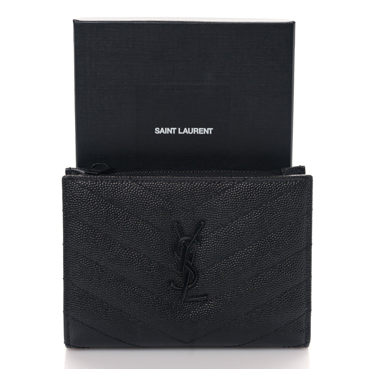 Saint Laurent Grain De Poudre Matelasse Chevron Cassandre Fragments Zippered Bi-Fold Wallet Black 9 of 9