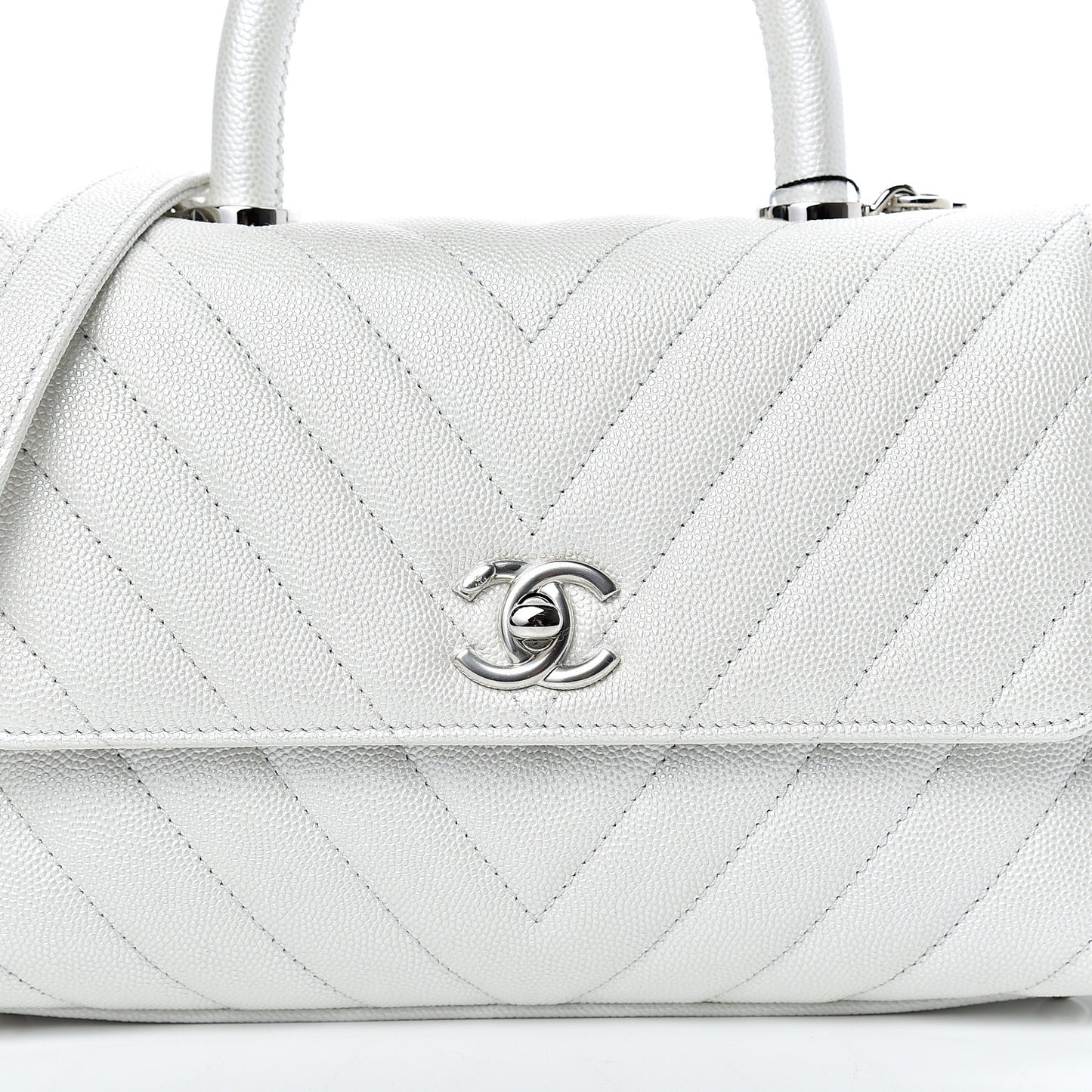 Iridescent Caviar Chevron Quilted Mini Coco Handle Flap White