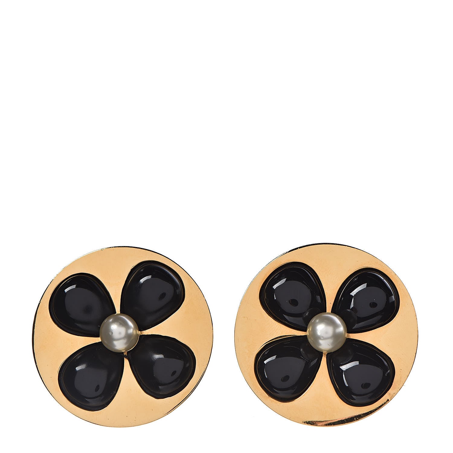 Chanel Pearl Resin CC Clover Clip On Earrings Gold 1 of 4