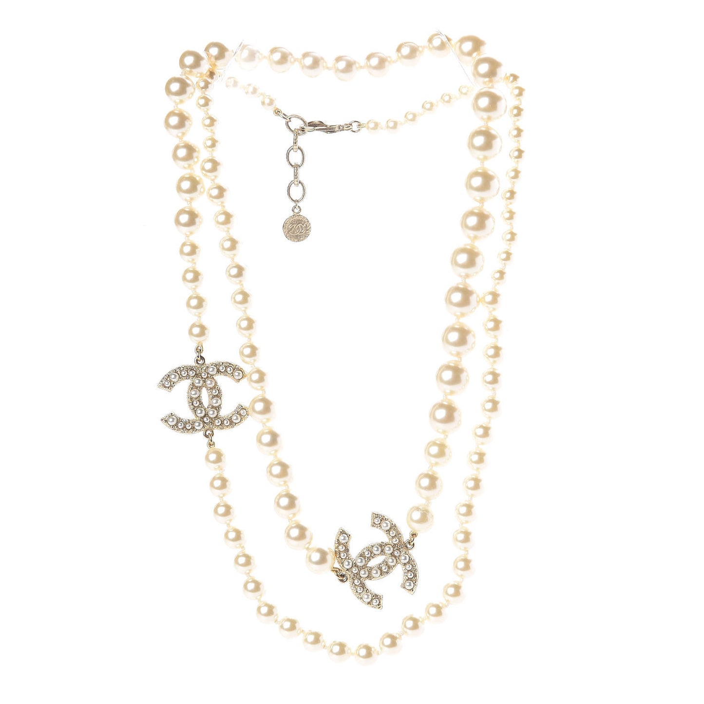 Graduated Pearl Long CC Necklace Gold