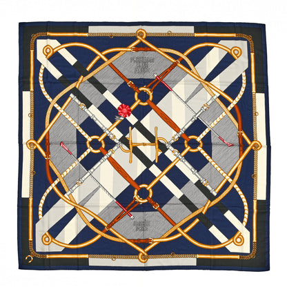 Hermes Cashmere Silk Parcours Sans Faute Shawl 140 Marine White Gold 1 of 6