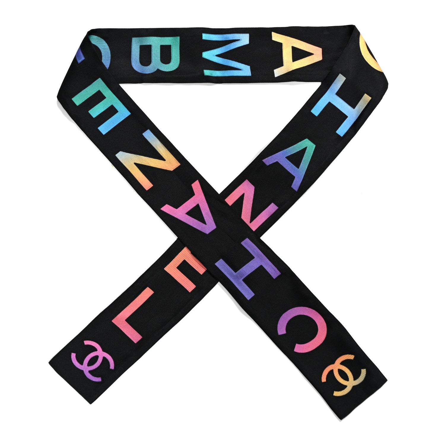 Chanel Silk Logo Rue Cambon Slim Bandeau Scarf Black Multicolor 1 of 3