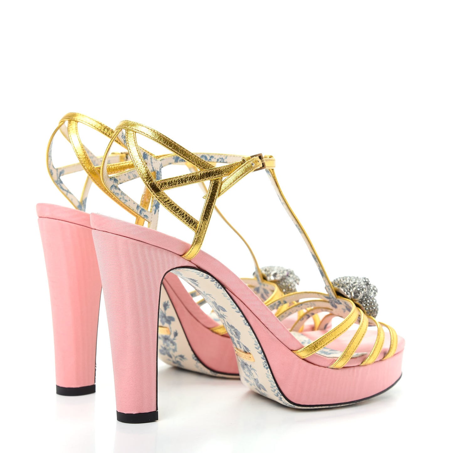 Moire Fabric Nappa Elias T-Strap Platform High Heel Sandals 38 Pink Gold