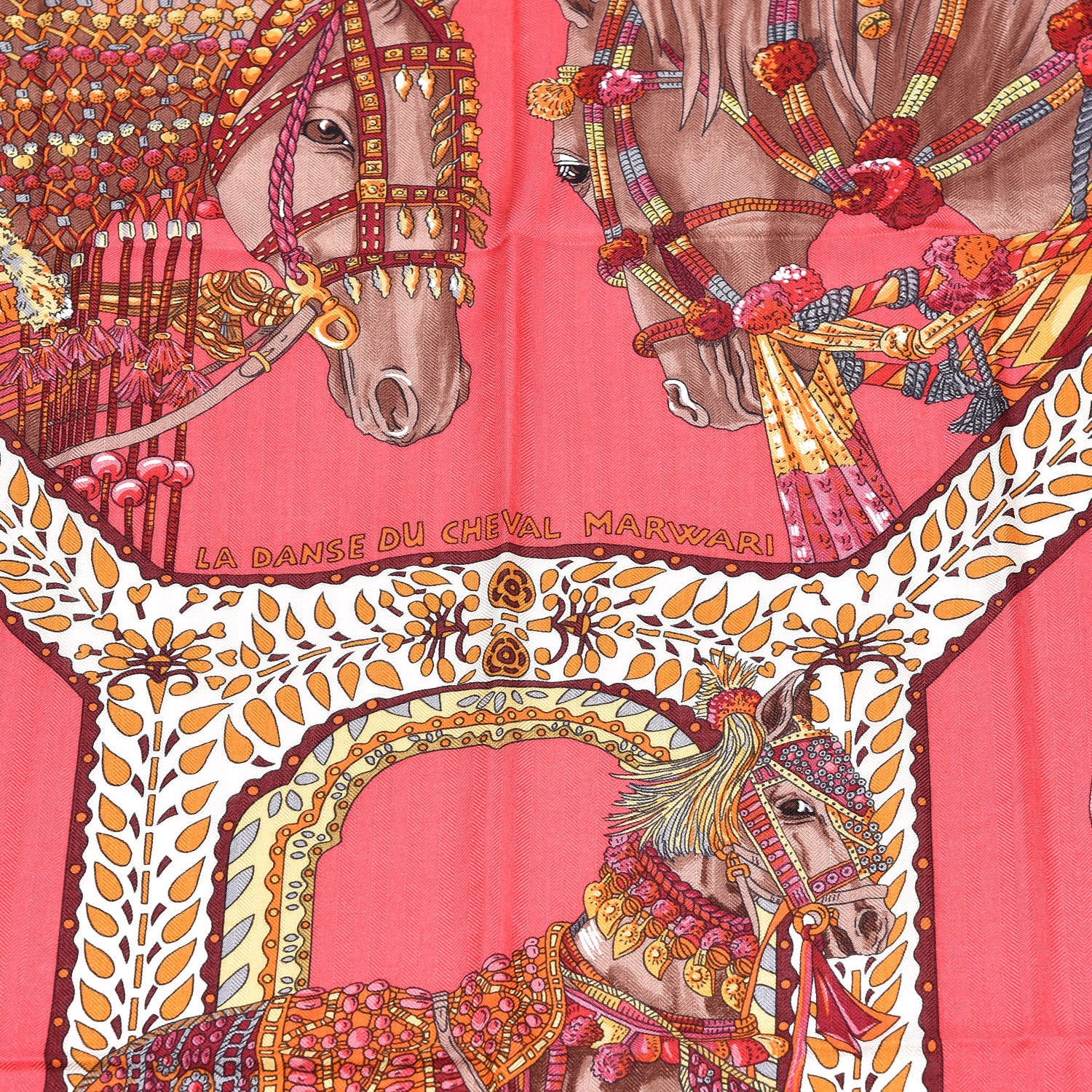Hermes Cashmere Silk La Danse Du Cheval Shawl 140 Rose Vif Orange Fuchsia 3 of 4