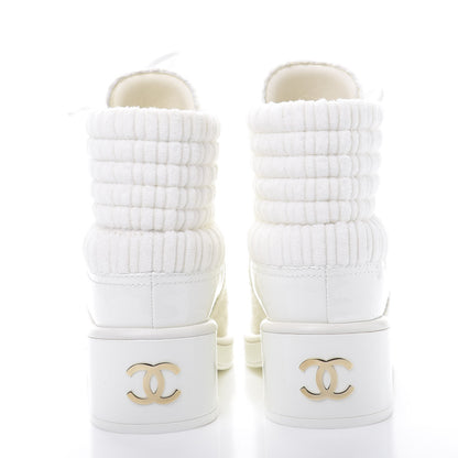 Chanel Tweed Patent Calfskin Velvet Lace Up Boots 37 White 4 of 10
