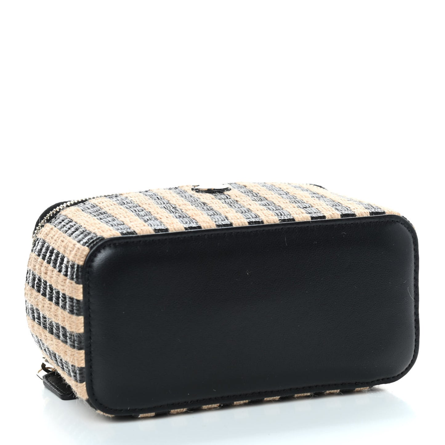 Raffia Jute Striped Small Vanity Case With Chain Black Beige