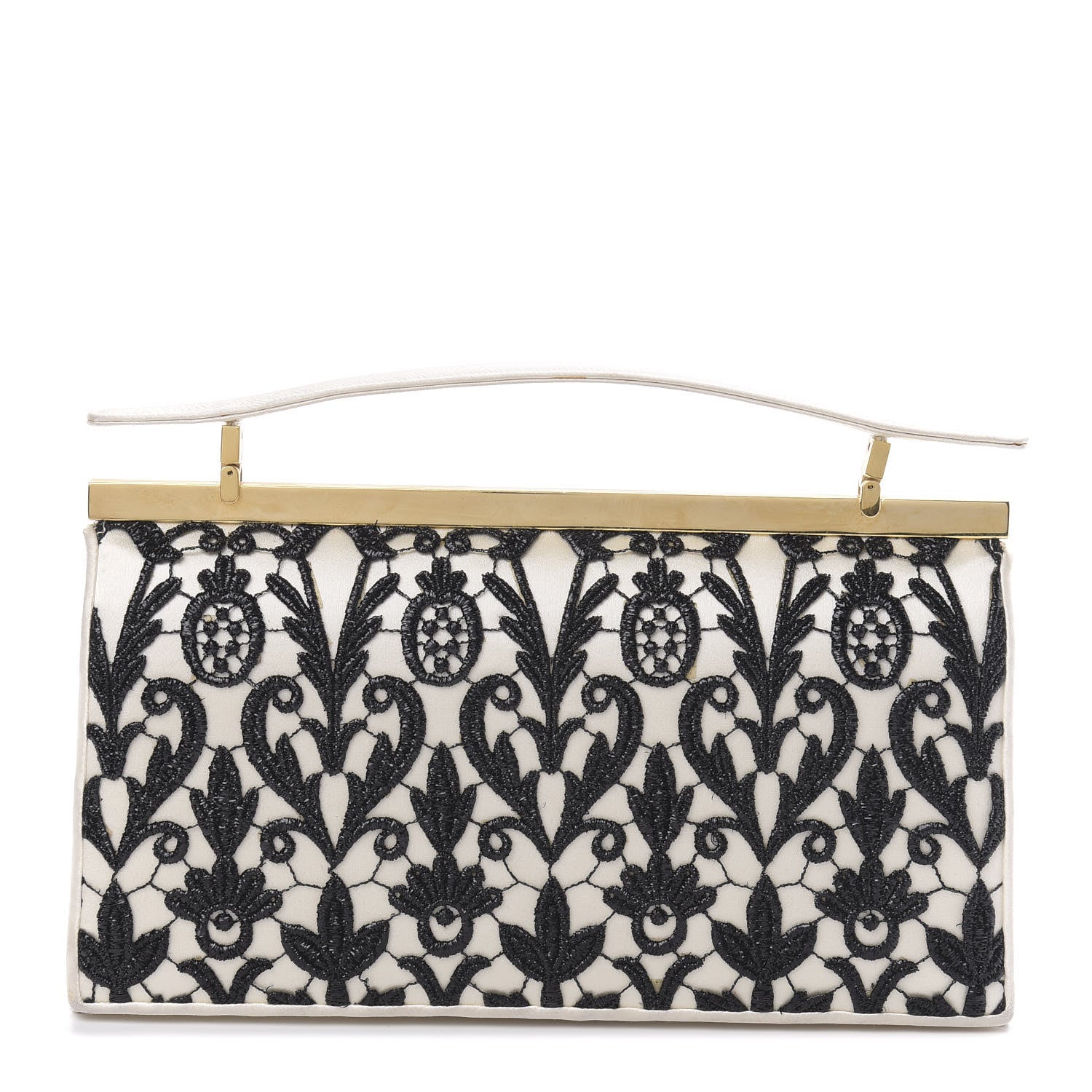 Judith Leiber Satin Lace Clutch Ivory Black 1 of 12