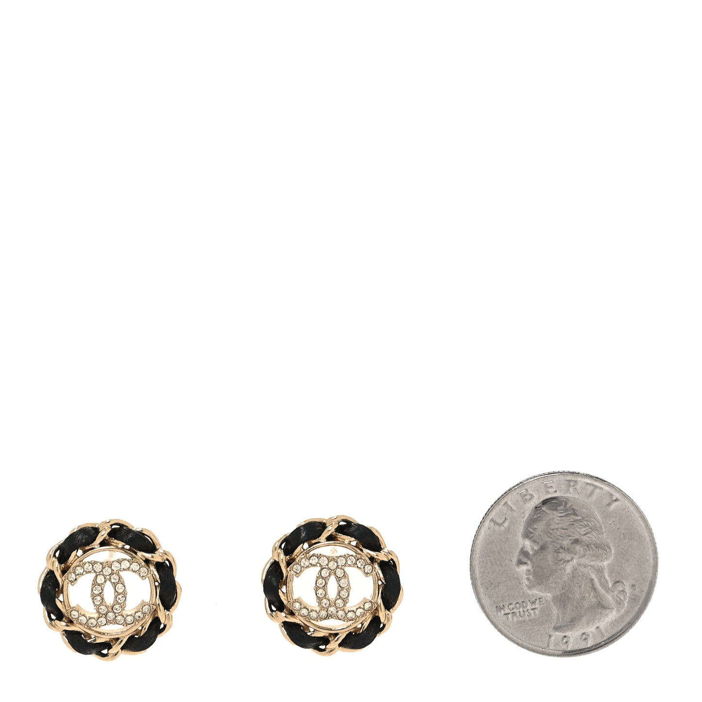 Crystal Lambskin Chain CC Stud Earrings Black Gold