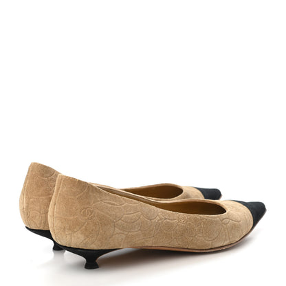 Chanel Suede Camellia Embossed Cap Toe Low Heel Pumps 38 Beige Black 3 of 4