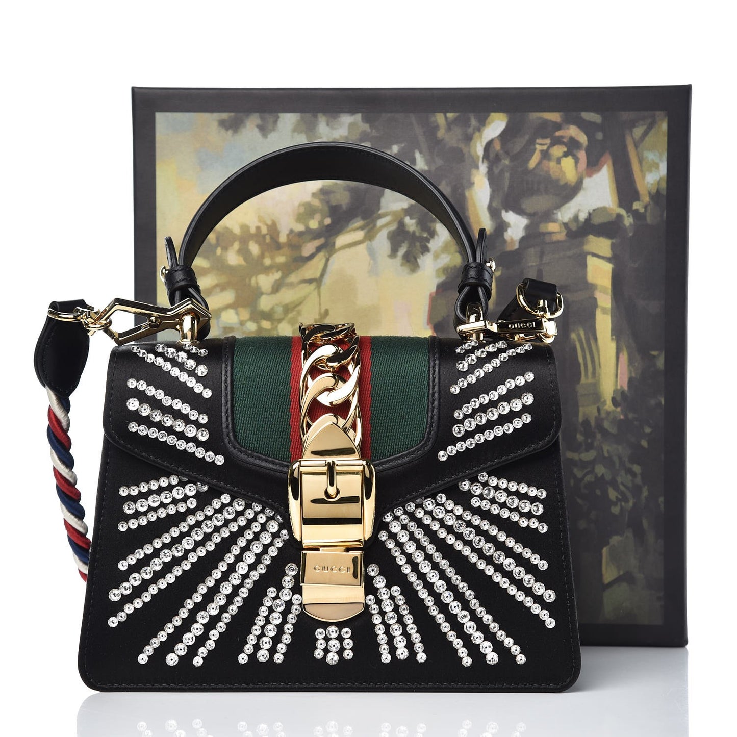 Satin Crystal Mini Sylvie Top Handle Bag Black
