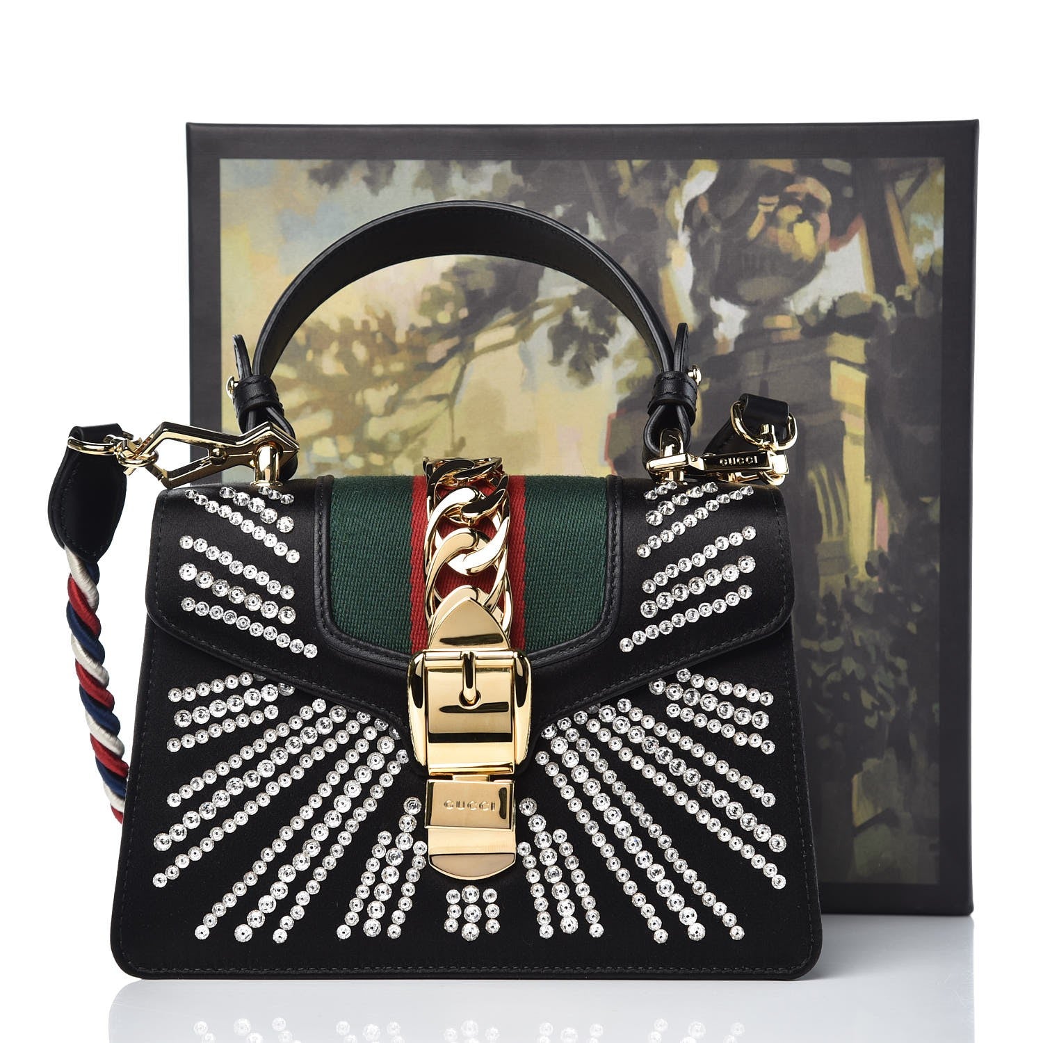Gucci Satin Crystal Mini Sylvie Top Handle Bag Black 15 of 15